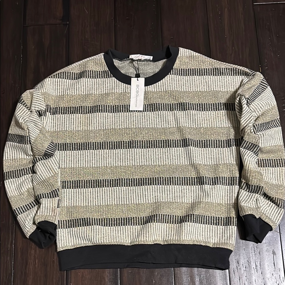 BCBGeneration Striped Shiny Top  in Black and Tan. Size S. NWT